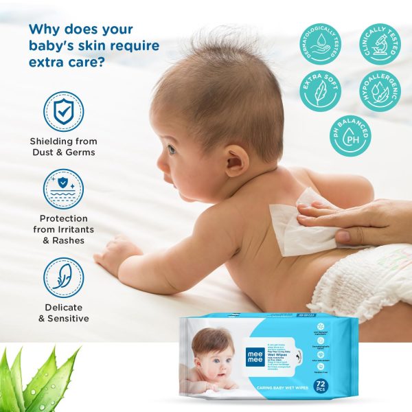 Mee Mee Caring Baby Wet Wipes with lid, 72 Pcs (Aloe Vera, Pack of 3) - Image 3